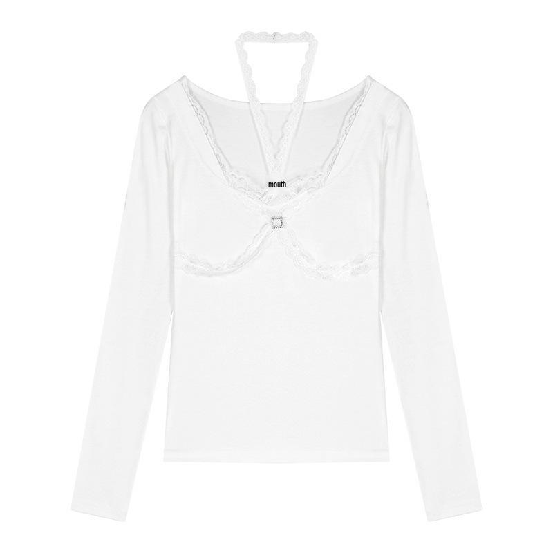 

Black Lace V-Neck Long-Sleeve Slim-Fit Halterneck Top for Women - Patchwork, Sexy Style, Ideal for Autumn and Winter Large белый
