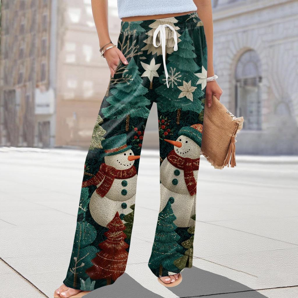 Ladies' Loose And Casual Christmas Printed Wide Leg Pants With Elastic Waistband Drawstring And Pocket Pants
