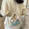 Moon Shaped Woven Underarm Bag Ribbon Knitted Shoulder Bag Fashion Beach Straw Bag  Travel