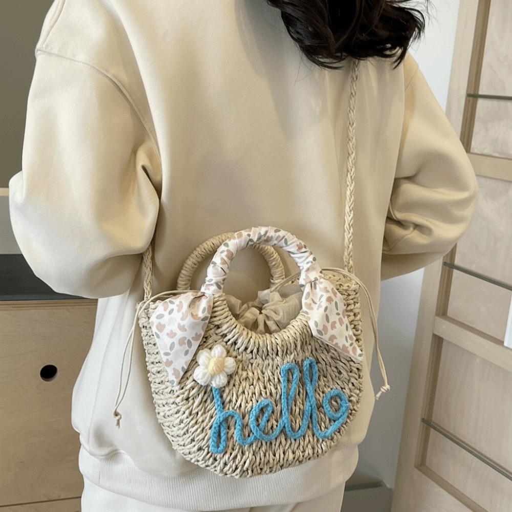 Moon Shaped Woven Underarm Bag Ribbon Knitted Shoulder Bag Fashion Beach Straw Bag  Travel