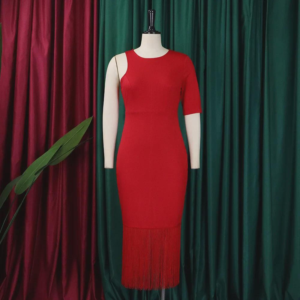D357 Plus Size Women's Summer 2023 Solid Color Bodycon Tassel Pencil Skirt Dress