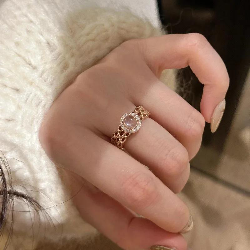 High quality hollow lace rings for women Light luxury romantic rose-golden Beautiful pink ring wedding Zircon