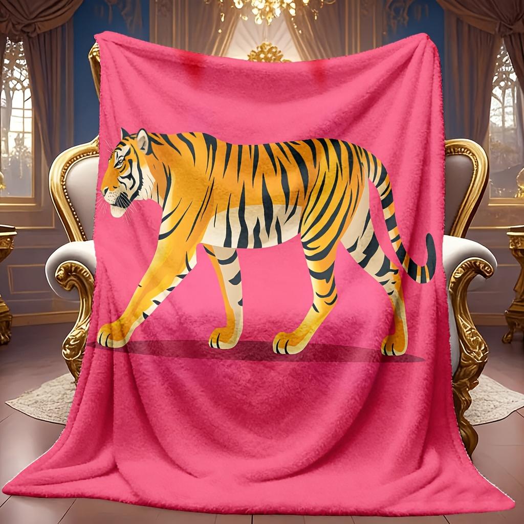 Cozy High-Quality Digital Print Blanket Featuring a Tiger Design on a Pink Background, Ideal for Home Decoration, Suitable for All Seasons, Lightweigh