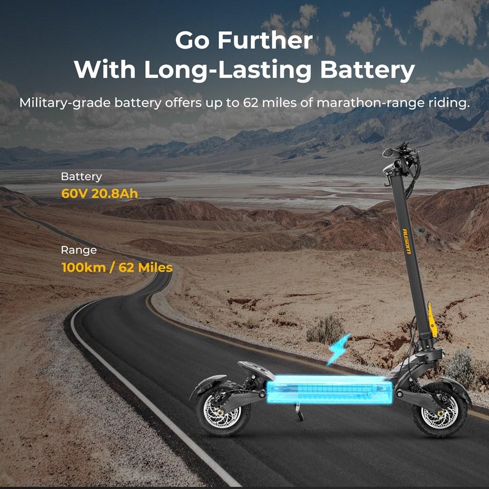 Ausom F1 Max Elektroroller, 60V Doppelmotor 1400W×2, 20 km/h Höchstgeschwindigkeit, 100 km Maximale Reichweite, Hydraulische Scheibenbremsen, 150 kg Tragfähigkeit