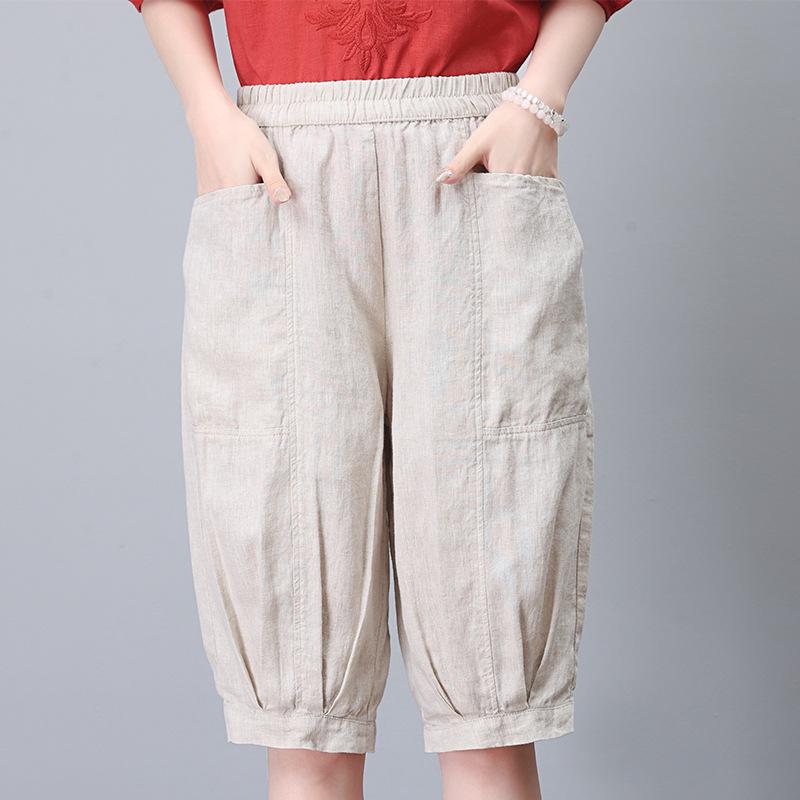 

Женские льняные брюки гаремы размера плюс выше колена XL (130-145 jin) естественный/льняной