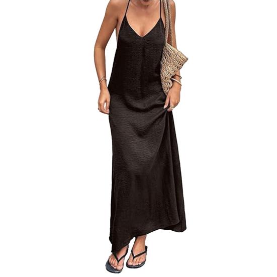 Abito Sexy da Donna Senza Schiena Scollo a V con Laccetto Senza Maniche Maxi Abito Estivo da Spiaggia Abito Lungo Ampio