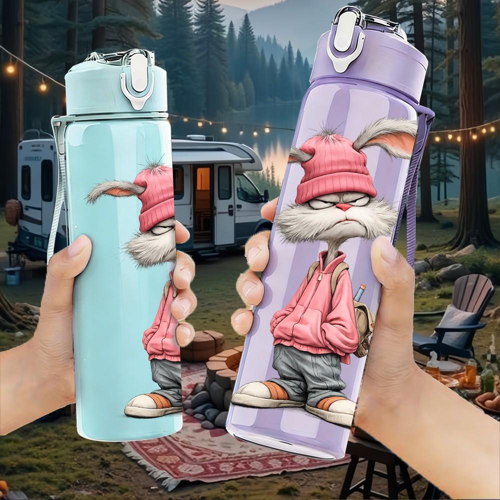 1PC Pink Bunny Rabbit Rag Doll Print 750ml Color Plastic Sports Water Bottle Leakproof Flip Straw Lid Suitable for Sports Office Home Use