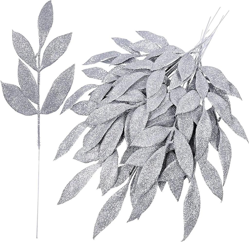 1pcs Glitter Bay Leaf Stems Artificial Christmas Spray Picks  Fake Floral Leaf Branches Wired Stem Decor For Christmas Tree