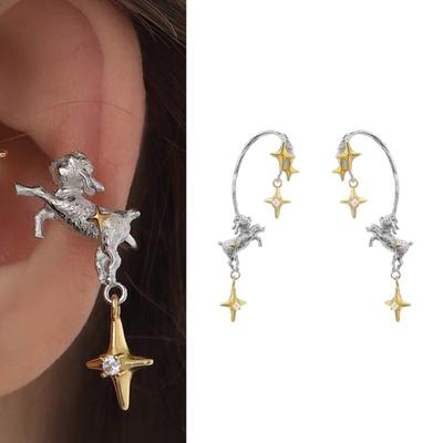 Mismatched Lamb Star Ear Clips No Piercing Required Durable Alloy Designer Earrings For Daily Wear