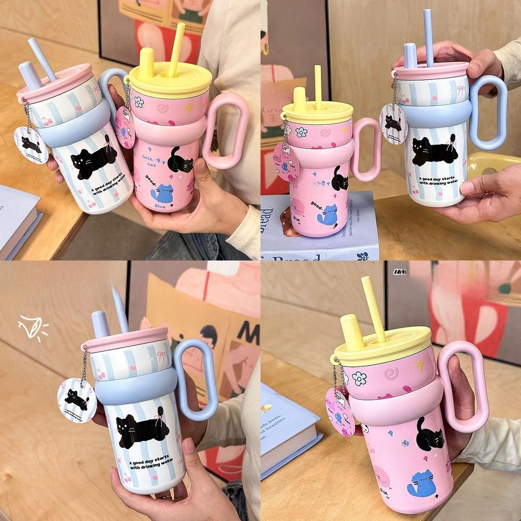 Isolierte Wasserflasche mit großem Fassungsvermögen, Griff und Strohhalm für Schule und Reise