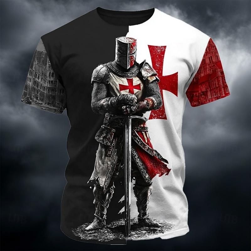 Templar Warrior 3D Printed T-shirt with Medieval Pattern Short Sleeve Top for Summer Men's Casual Street Round Neck Clothing