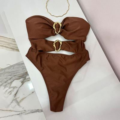 Sexy Monokini Off Shoulder Bandeau Hollow Design Solid Color One-piece Swimsuit with Irregular Metal Rings Vacation Wear