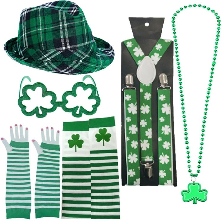 Patrick's Day Outfits Accessory Irish Festival Costume Accessories with Hat Bowtie Necklace Glasses Suspenders Stockings