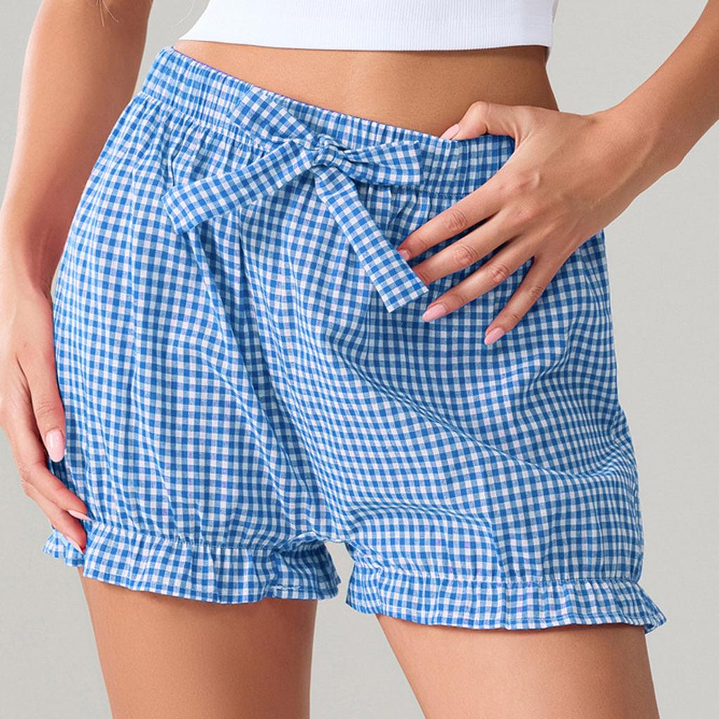 Women's Loose Casual High Waisted Bow Elastic Waisted Checkered Shorts Casual Shorts