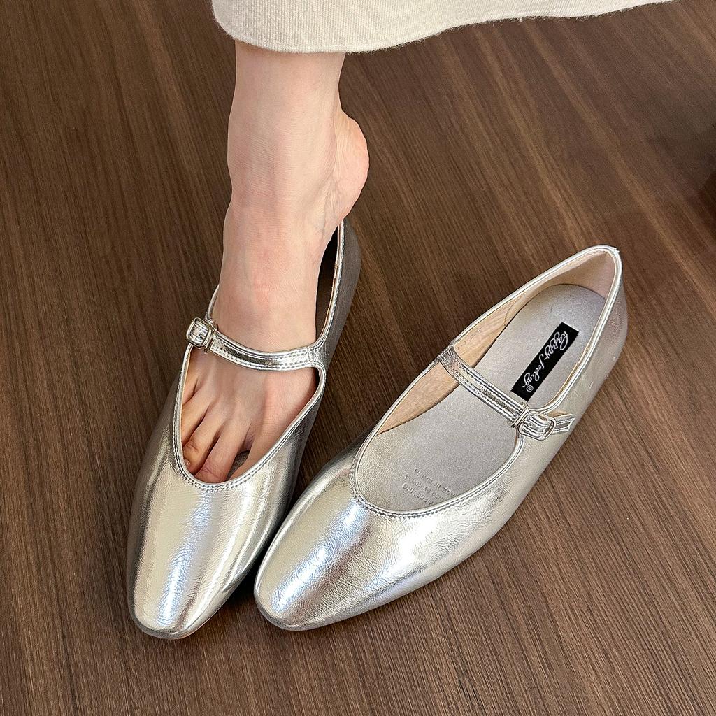 Fashion Bailamos Brand Women Silver Flats Fashion Square Toe Shallow Ladies Slip On Ballet Shoes Soft Casual Flat Mary Jane Shoes Mujer