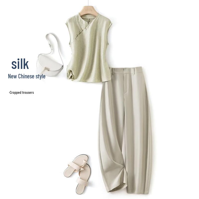 IHIMI Elegant Chinese Style Jacquard Sleeveless Top and Cropped Pants Set S