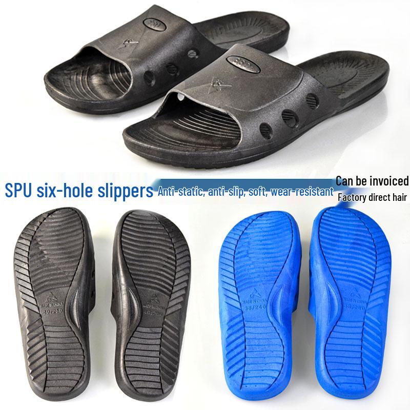 Anti-Static Blue Soft Sole Slippers & Black Non-Slip Six-Hole Cross Slippers Black Six-hole Slippers Size 40