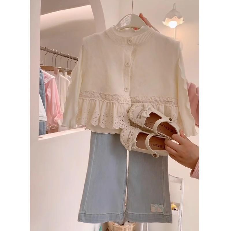 2025 Spring Korean Girls' Outfit: Lace-Trim Knitted Vest & Denim Flare Pants