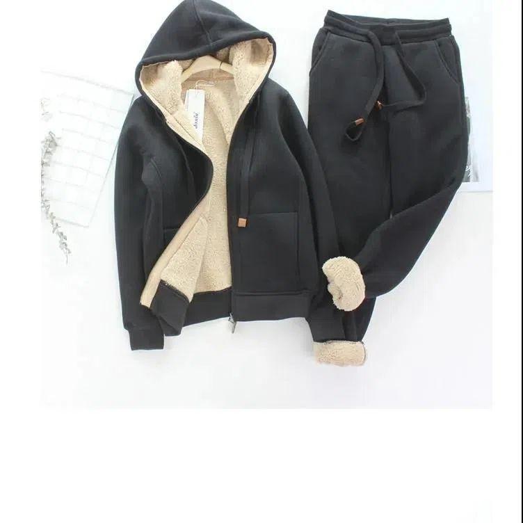 Damen Herbst- und Winter-Sportanzug mit Plus-Samt-Verdickung, Damen Locker und Schlank, Lässig, Zweiteilig, Westlicher Stil