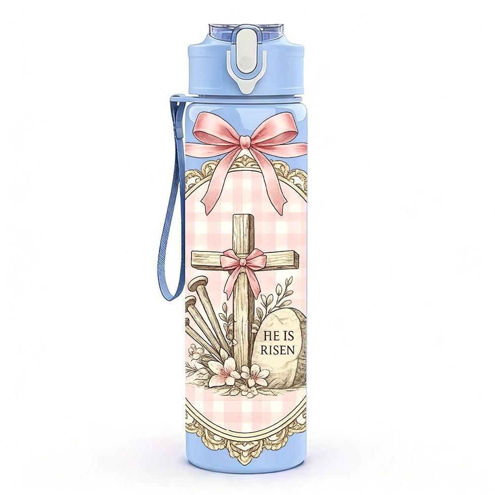 1PC Lace Bow Cross Religious Vintage Print 750ml Color Plastic Sports Water Bottle Leakproof Flip Straw Lid Suitable for Sports Office Home Use