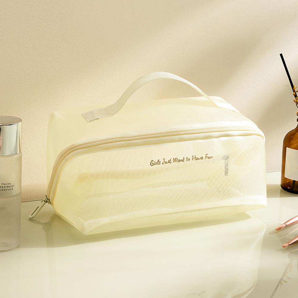 Woman Mesh Makeup Bag Protable Travel Storage Tote Bag Large Capacity Zipper Pouches Transparent Shower Bag With Handle