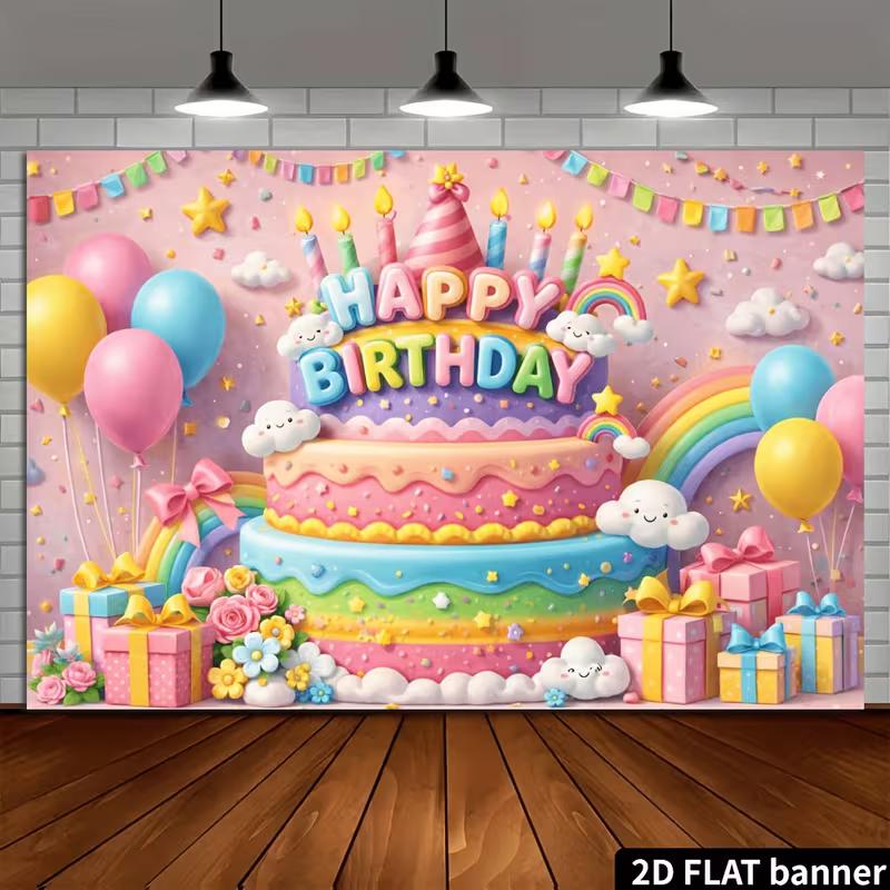 2D Pink Pastel Birthday Backdrop with Cake, Balloons & Stars