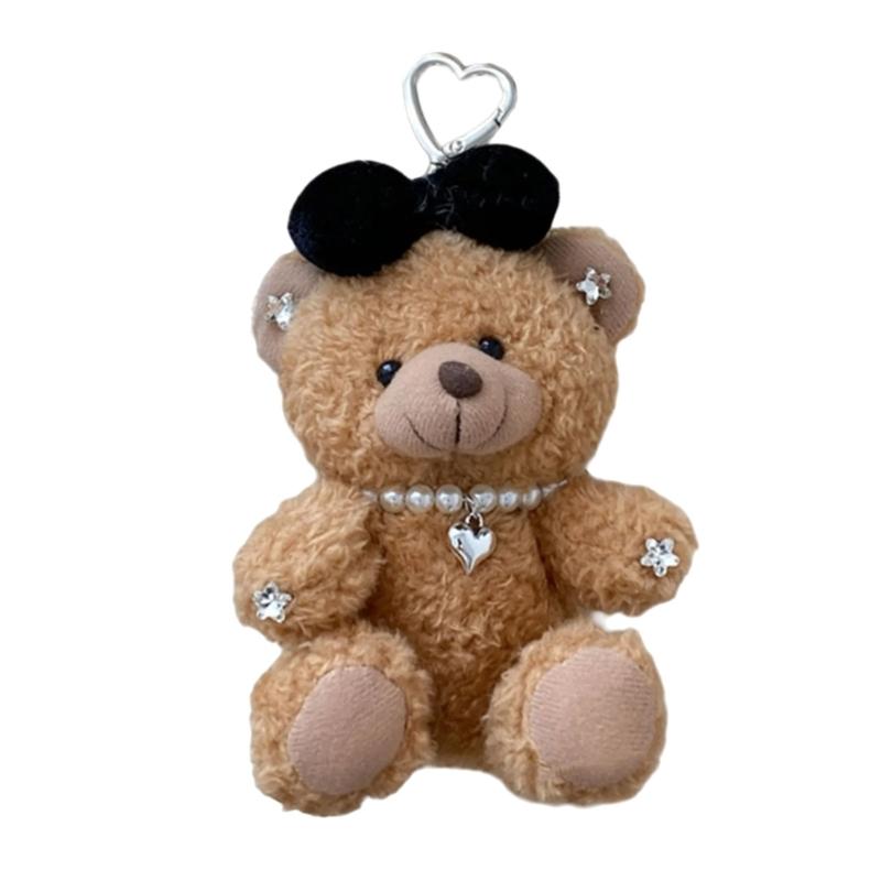 Soft Plush Bear Hanging Ornament Fashionable Soft Bear Keychain with Bowknot Plush Key Accessory for Stylish Bags