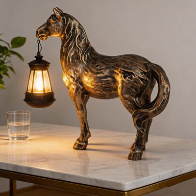 Yousheng Solar Garden Horse Figurine Resin Horse Sculpture with Solar Lantern Desktop Retro Horse Statue for Farmhouse Home Indoor Outdoor Decor