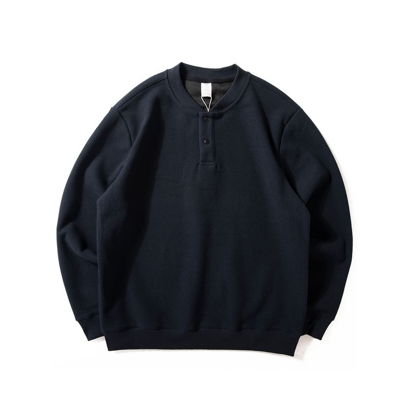 Henry Collar Sweatshirt for Men, Autumn Season, Heavy Texture Pullover Long-Sleeve Top, Waffle Pattern Casual Loose Base Layer Jacket, Trendy