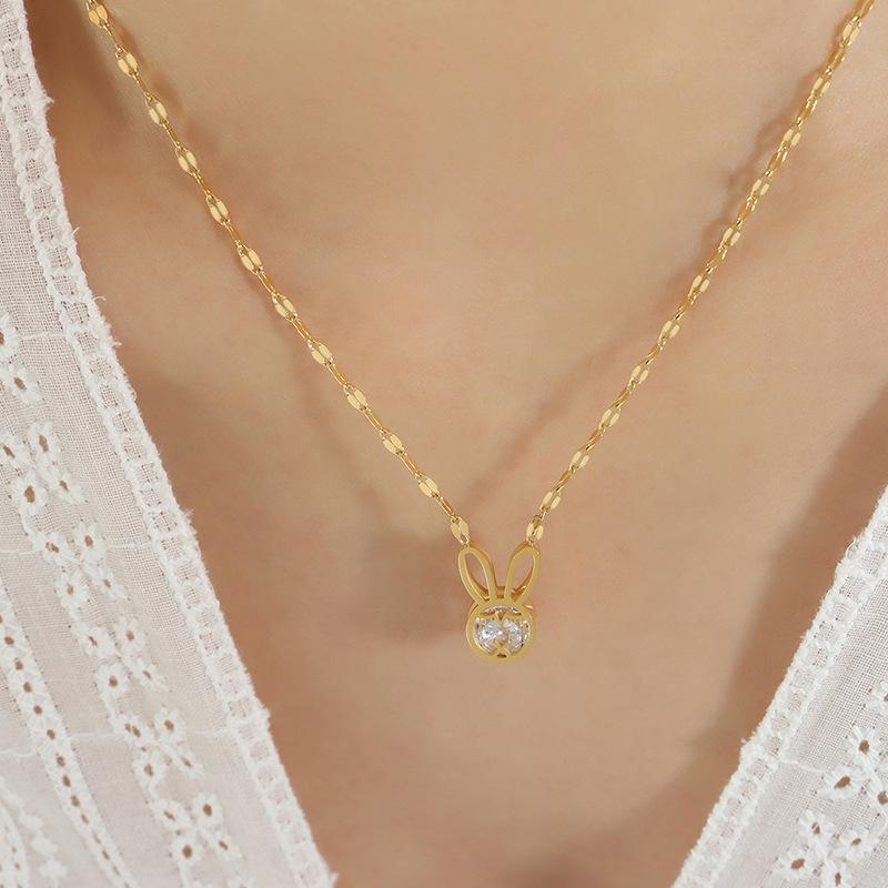 Gold-Plated Titanium Zodiac Rabbit Pendant Necklace with Zirconia
