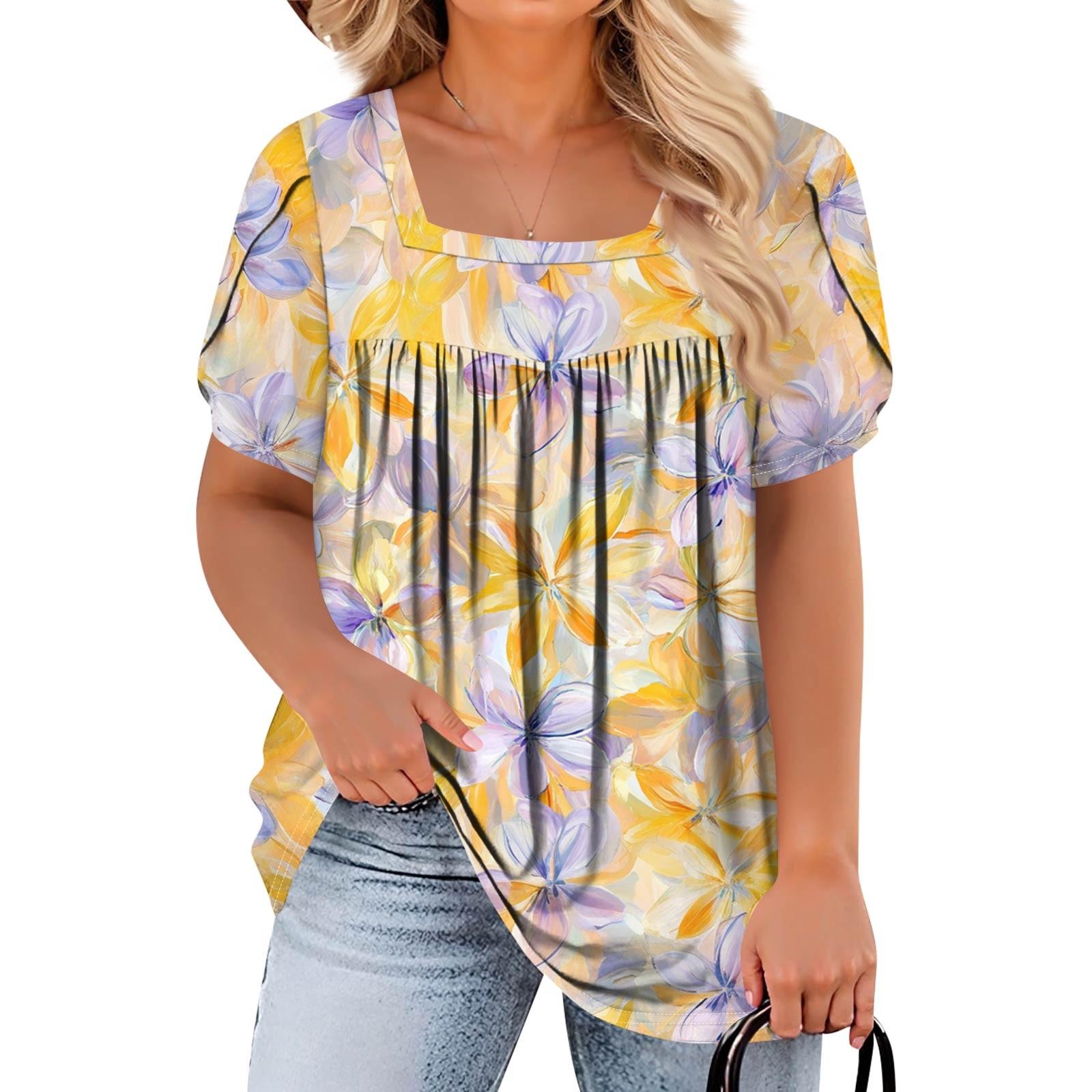 

Women s Fashion Casual Printed Square Neck Short Sleeve Large Size T-Shirt Top XXXL жовтий