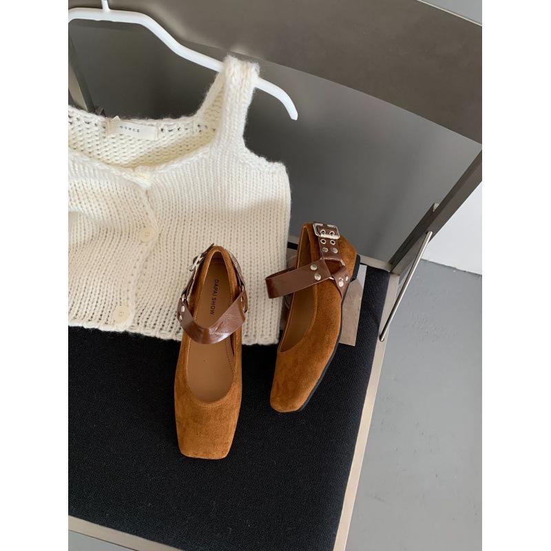 

Metal Rivet Belt Buckle Mary Jane Single Shoes Women s Retro Square Head Flat Ballet Shoes Trendy Women s Shoes 39 коричневий