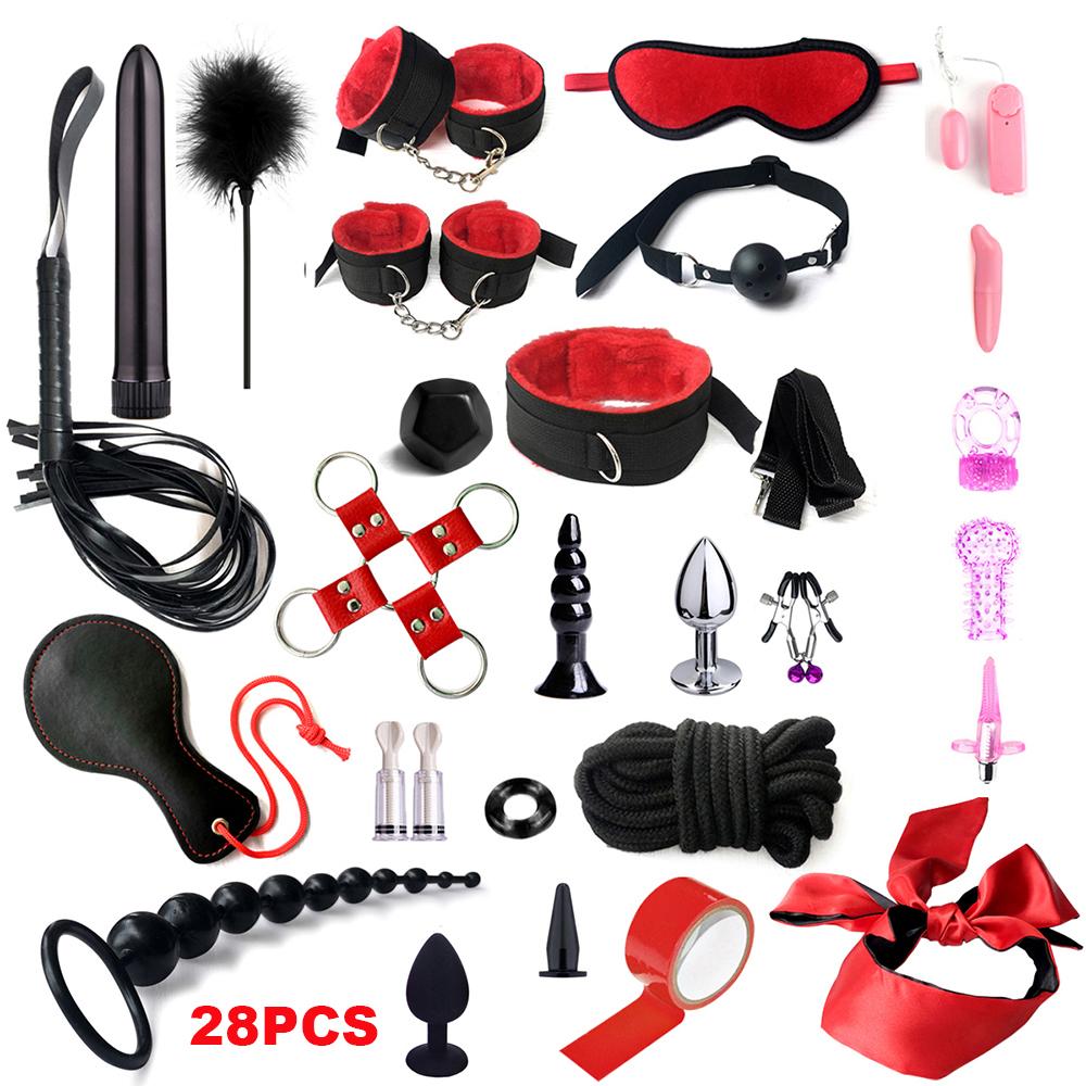 Fetish BDSM Kit Set Sex Toy Handcuffs for Woman Adult Supplies Handcuffs Whip Anal Plug Vibrator Bondage Rope Sexual Sexy Game