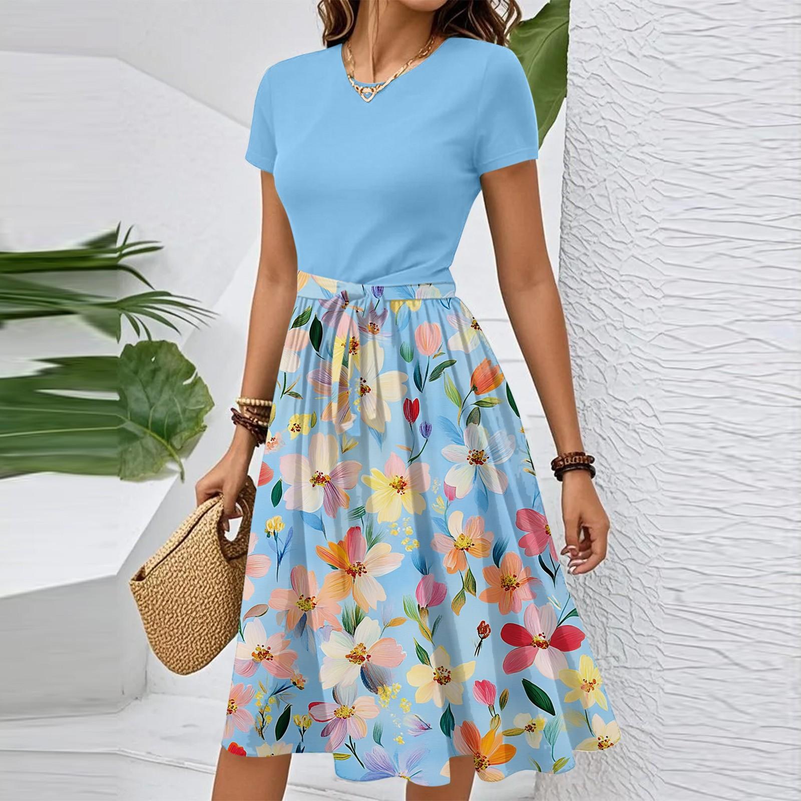 

Женское повседневное модное элегантное платье с поясом и цветочным принтом, коротким рукавом и круглым вырезом L