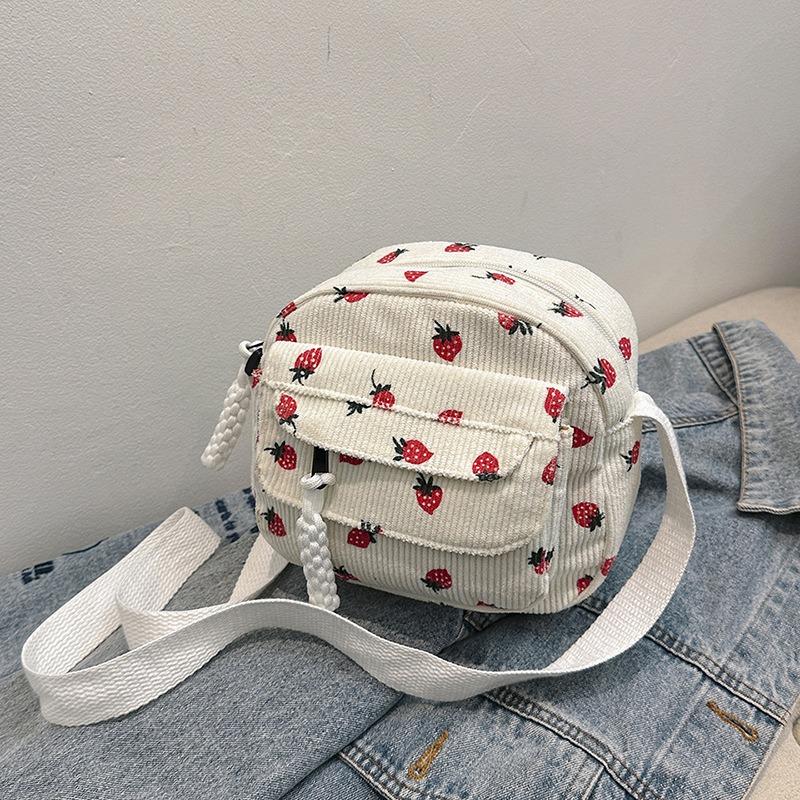 Corduroy cloth small bag women's new fashion strawberry printing mobile phone bag casual messenger bag