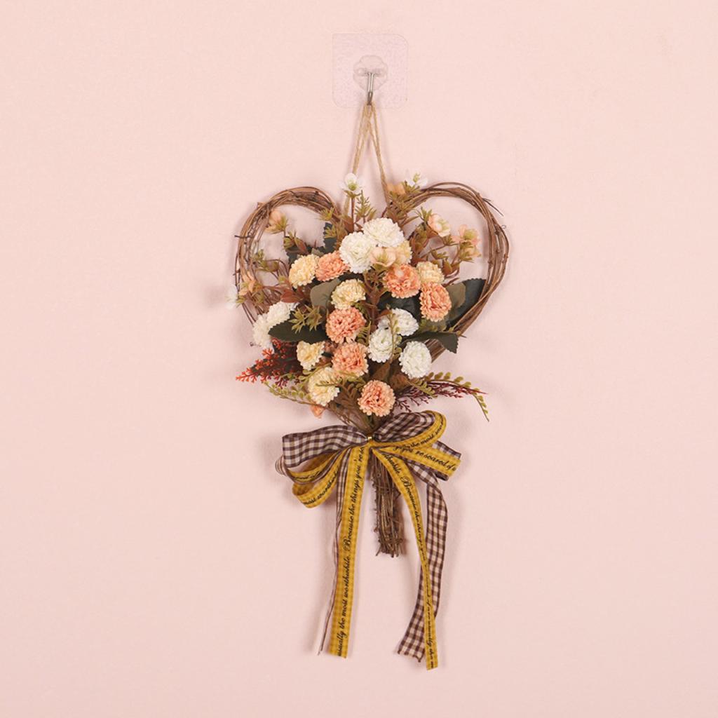 Artificial Carnation Wreath Heart Shaped Artificial Flower Wall Hanging Decoration with Bow