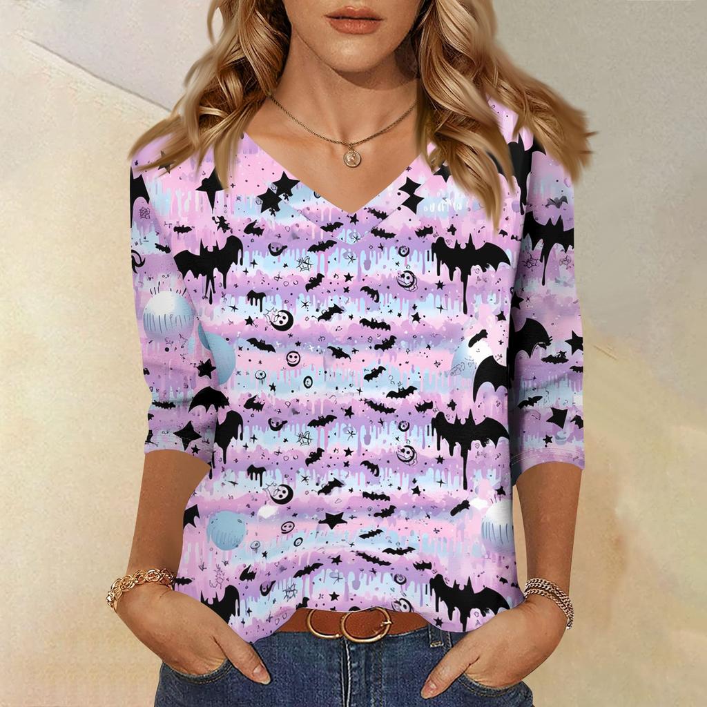 Women's Fashion Casual Halloween Print V Neck Three Quarter Sleeve Top Lightweight Comfortable Fit Stylish Design