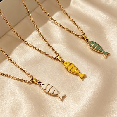 Stainless Steel Ocean Pendant Necklace for Women Enamel Fish Three Color Stripe Necklace Exquisite Romantic Dinner Jewelry Gifts