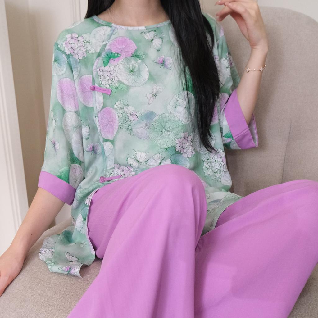 New Chinese national style cotton and silk pajamas women's spring and summer medium-sleeved wide-leg pants can be worn outside loungewear high-end