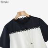 ZANZEA Women Casual Round Neck Short Sleeve Loose Patchwork Blouse