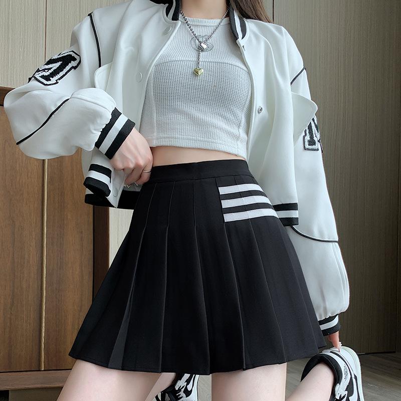Women's Summer High Waist Pleated Mini Skirt - Striped A-Line College Style