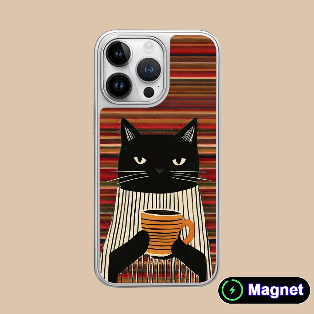Cute Coffee Cat Silver Plating Magsafe Mobile Phone Case for iPhone 17 16 15 14 13 12 11 Air Pro Max Plus Colorful Cover