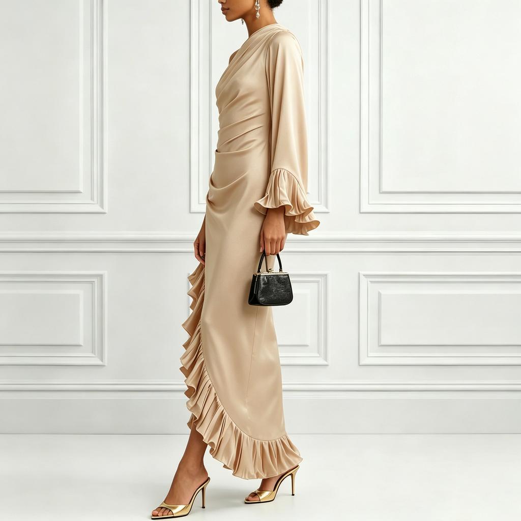 Women's Color Satin Off Shoulder Ruched Irregular Hem Dress for Cocktail Party