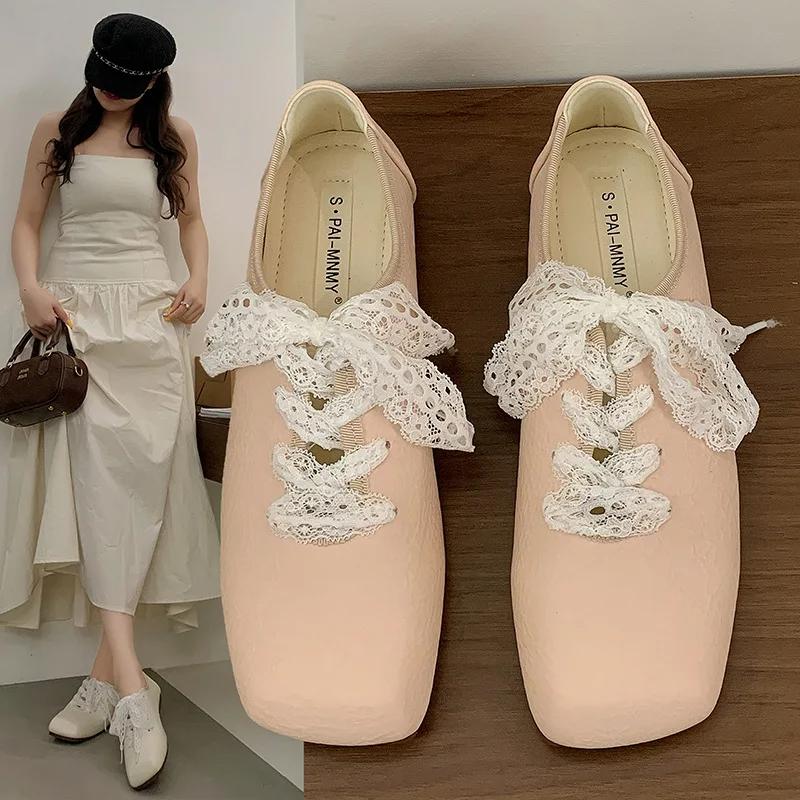 Fashion Casual Woman Shoe Modis Elegant Square Toe Female Footwear 2025 New Dress Comfortable Summer Lace-Up Rubber Sewing Leisure PU Fl