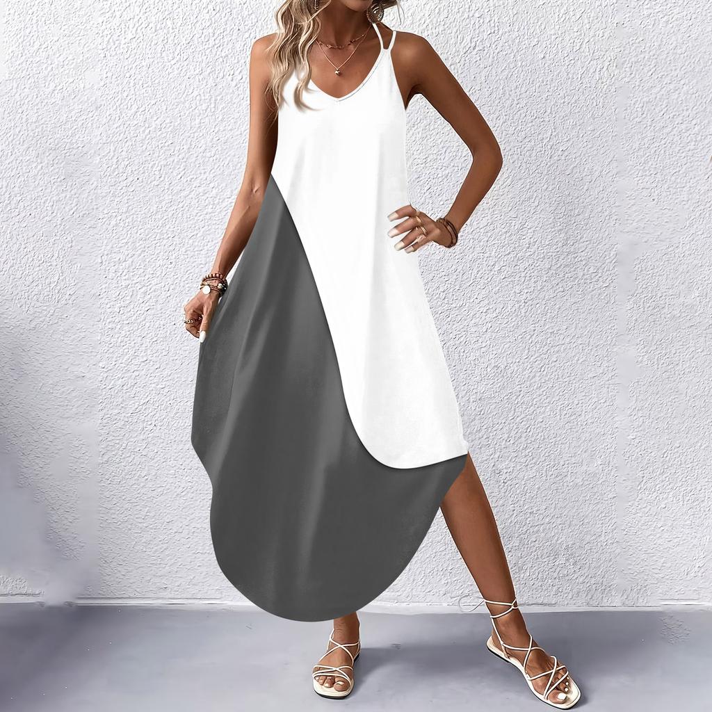 Women's Fashion Casual V-neck Sleeveless  Dresses Print Dresses Beach Long Dresses