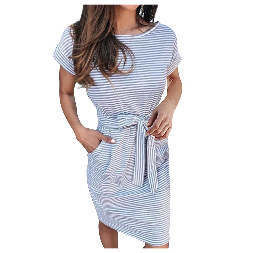 Fashion Womens Loose Summer Short Sleeves Round Neck Casual Striped Belt  Dress