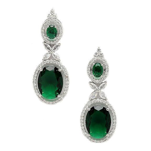 Silver-Plated American Diamond studded Oval Shaped Drop Earrings Jewellery For Girls and Women