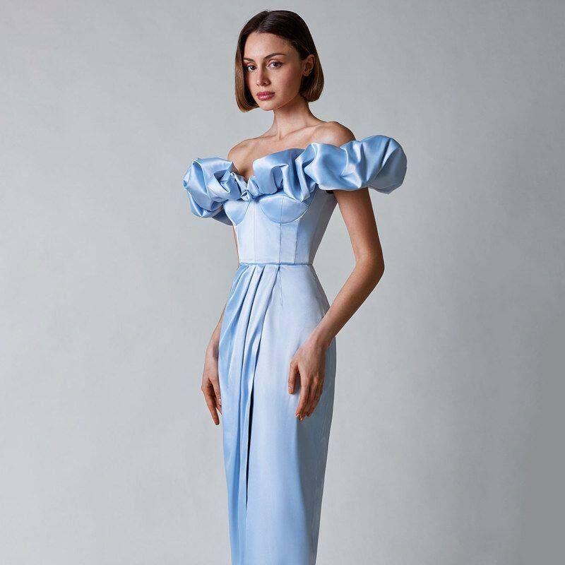 European and American Cross-Border Popular Women s Clothing High-Slit Workwear Evening Dress Off-Shoulder Long Dress Strapless Ruffle Dress Blue S