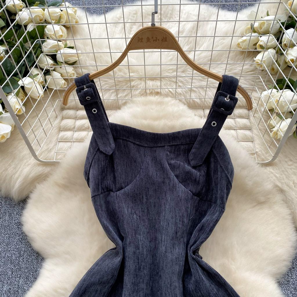 Toamnă Iarnă Anglia Stil Vintage Femei Rochii Midi Lungi din Catifea Cord cu Bretele Spaghetti