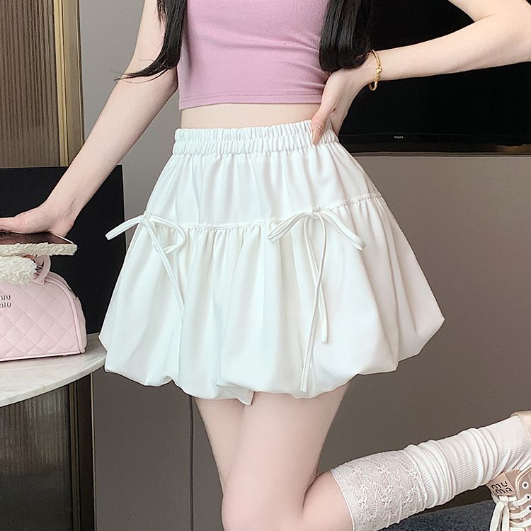 

Bowknot Bubble Hem Midi Skirt Women s Summer High Waist Slimming A-Line Puff Short Skirt S белый